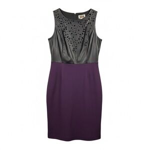 NUE by Shani Sheath Dress 8 Black Faux Leather Laser Cut Purple Colorblock Party